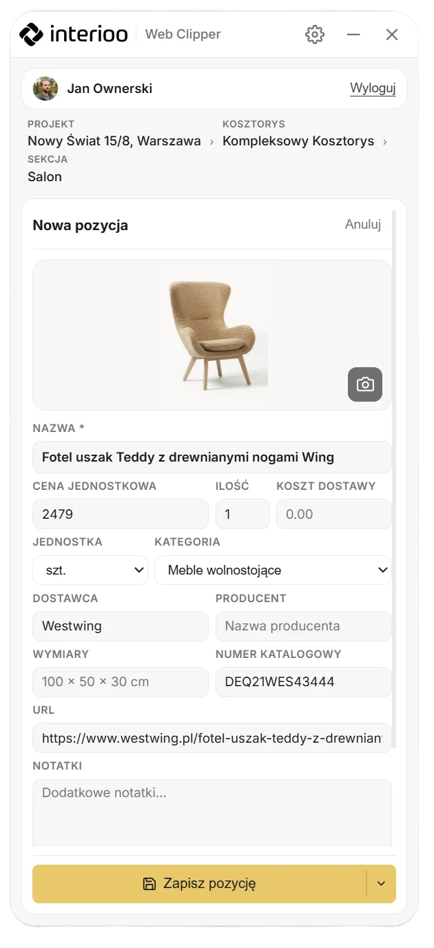 Panel Interioo Web Clipper zapisujący produkt do kosztorysu projektu